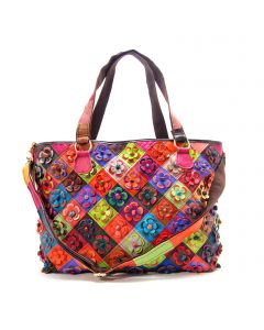 Bonded Leather Tote Bag Multicolor Floral Checkmate Details Adult Multi